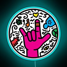 Charger l'image dans la galerie, ASL sign for I love you Pop Art Style White RGB neon sign lightblue