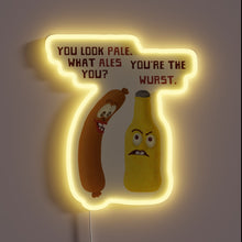 Charger l'image dans la galerie, Humorously brewed puns meet German cuisine in this colorful sign.