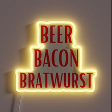 Charger l'image dans la galerie, Colorful neon sign featuring beer, bacon, and bratwurst in vibrant hues