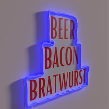 Charger l'image dans la galerie, Vibrant RGB neon sign featuring beer bacon bratwurst iconic trio.