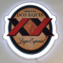 Charger l'image dans la galerie, Cerveza Dos Equis neon LED RGB sign glowing brightly with smooth color transitions, creating a bold and dynamic centerpiece for bar decor or celebrations