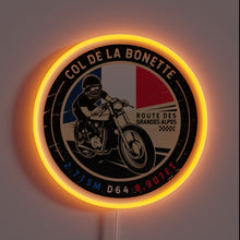 Charger l'image dans la galerie, This neon design is a bold tribute to **Col de la Bonette**, one of the highest paved roads in the Alps. The vintage-style motorcycle and French flag colors give it a rugged, adventurous feel—perfect for bikers and road-trip lovers.
