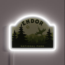 Charger l'image dans la galerie, Endor National Park neon sign – Star Wars-themed wall decor with forest moon landscape and speeder bike silhouette for sci-fi fans, home theaters, or collectors
