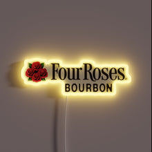 Charger l'image dans la galerie, Neon sign of the Four Roses Bourbon logo with red roses and glowing yellow outline.