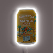 Charger l'image dans la galerie, Golden Road Mango Cart wheat ale beer can neon sign with illustrated street vendor and palm trees in warm yellow tones