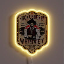Charger l'image dans la galerie, Retro Huckleberry Whiskey Sign with Vibrant Neon Accents and Typography