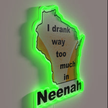 Charger l'image dans la galerie, Neon sign humorously recalling past party antics in Neenah city.