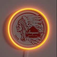 Charger l'image dans la galerie, iroquois-beer-customneon-54937 – Vintage-style neon sign featuring the Iroquois Beer and Ale logo with a Native American profile, red detailing, and a bright orange circular glow