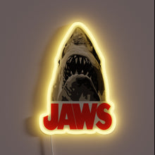 Charger l'image dans la galerie, Jaws neon sign with fierce shark and bold red text.