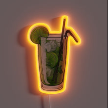 Charger l'image dans la galerie, Neon sign of a mojito cocktail glass with lime slices, mint leaves, ice cubes, and two straws, glowing with an orange outline.