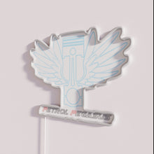 Charger l'image dans la galerie, Vibrant petrol-stained Pegasus logo illuminated with dark lettering in neon.