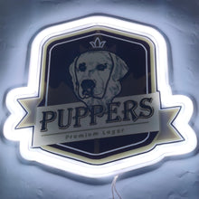 Charger l'image dans la galerie, Puppers Officially Wayne's Favourite Beer RGB neon sign glowing with vibrant, colorful lights, a must-have for fans of Wayne and beer lovers alike