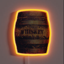 Charger l'image dans la galerie, Vintage whiskey barrel decor with warm rustic American ambiance lighting.