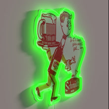 Charger l'image dans la galerie, Vintage Schmidt Beer logo illuminated by colorful retro style neon lighting