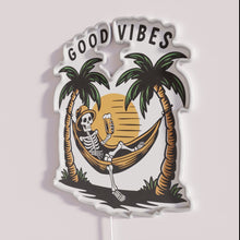 Charger l'image dans la galerie, Colorful Neon Sign with Skeleton Relaxing in Hammock Drinking Beer.