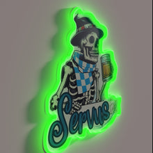 Charger l'image dans la galerie, Neon beer festival sign featuring a skeleton in Bavarian dress.