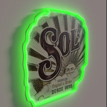 Charger l'image dans la galerie, RGB lit Sol Cerveza beer bar sign with vibrant colors glowing