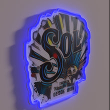 Charger l'image dans la galerie, Vibrant neon beer sign featuring colorful Sol Cerveza branding".