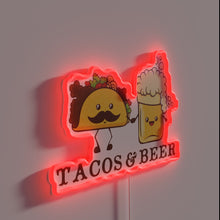 Charger l'image dans la galerie, Neon sign features colorful tacos and beer design in RGB.