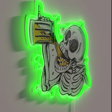 Charger l'image dans la galerie, Whimsical vintage art skeleton enjoying beer in bold neon colors.