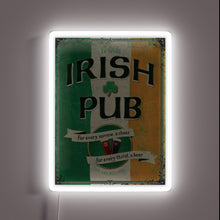 Charger l'image dans la galerie, Authentic vintage-inspired Irish pub decor with vibrant RGB neon lighting.