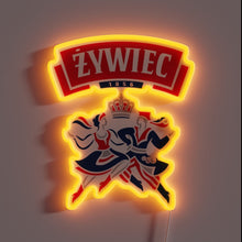Charger l'image dans la galerie, Vibrant neon beer sign featuring Zywiec's iconic Polish beer logo.
