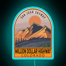 Charger l'image dans la galerie, Million Dollar Highway Colorado Retro Travel Emblem RGB neon sign lightblue