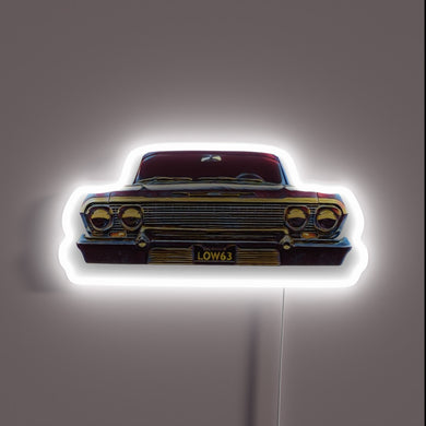 Vintage 1963 Chevrolet Impala Lowrider Neon Sign in RGB colors.