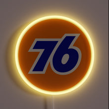 Charger l&#39;image dans la galerie, UV printed RGB LED neon sign featuring the classic 76 gas station logo with a bold blue &#39;76&#39; on an orange circle, outlined by a glowing yellow LED ring.
