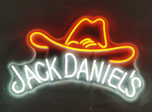 Charger l&#39;image dans la galerie, Jack Daniel’s neon bar sign with a cowboy hat design, ideal for whiskey bars, lounges, and rustic pub decor.