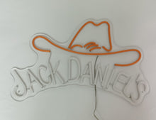 Charger l&#39;image dans la galerie, Jack Daniel’s neon sign featuring a cowboy hat, perfect for whiskey lovers, bars, and rustic-themed decor.