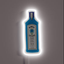 Charger l&#39;image dans la galerie, Neon sign shaped like a blue Bombay Sapphire bottle with white glow.