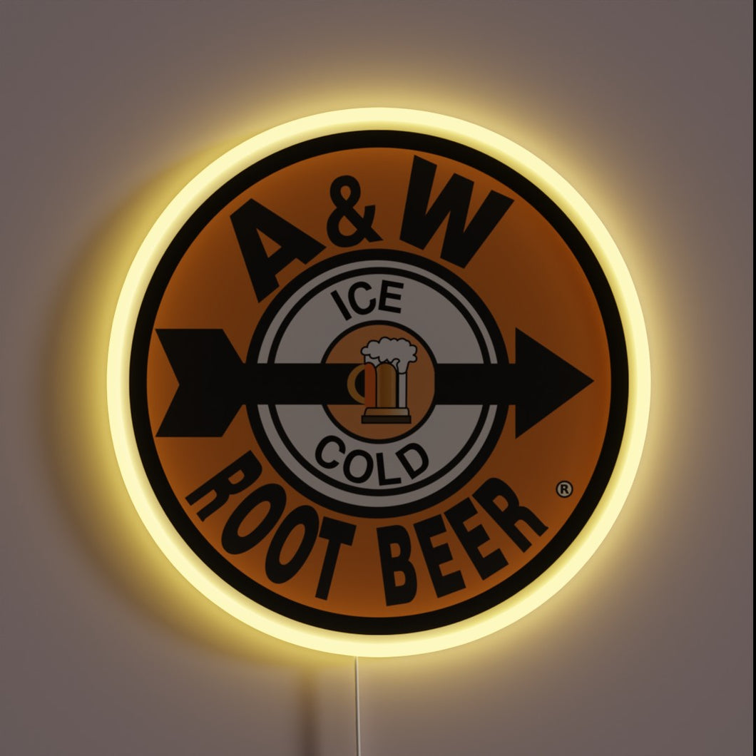 Retro-themed vintage A&W Root Beer logo illuminated in RGB neon.