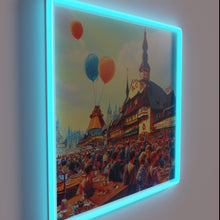 Charger l&#39;image dans la galerie, Harmonious gathering of people under vibrant color changing neon lights.