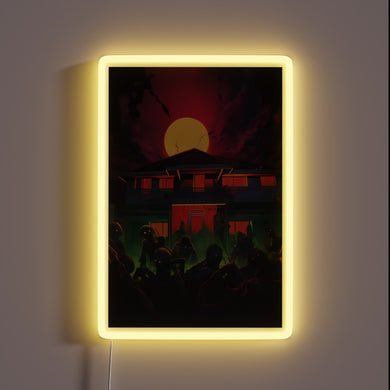 Undead residents gather before a house with glowing electric welcome.