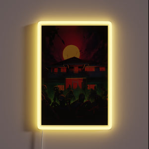 Undead residents gather before a house with glowing electric welcome.