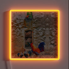 Charger l&#39;image dans la galerie, Vibrant abstract rooster design in neon RGB on rustic wood.
