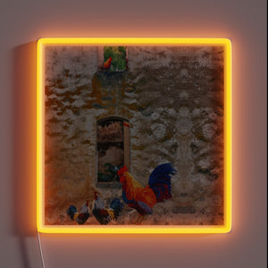 Vibrant abstract rooster design in neon RGB on rustic wood.