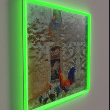Charger l&#39;image dans la galerie, Colorful abstract rooster design in vibrant neon on rustic wood.