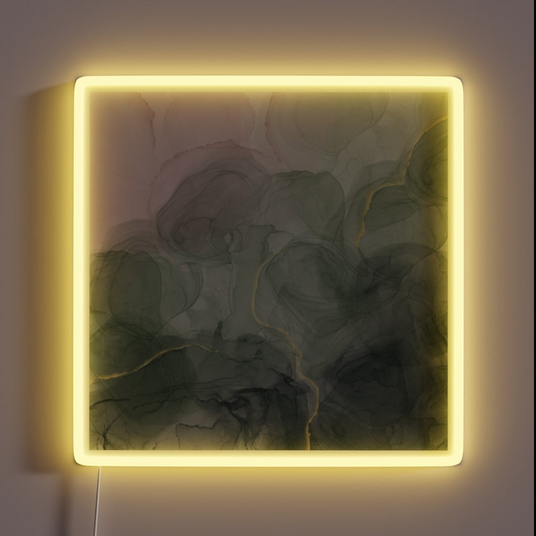Vibrant abstract glow neon sign with metallic pink and green accents.
