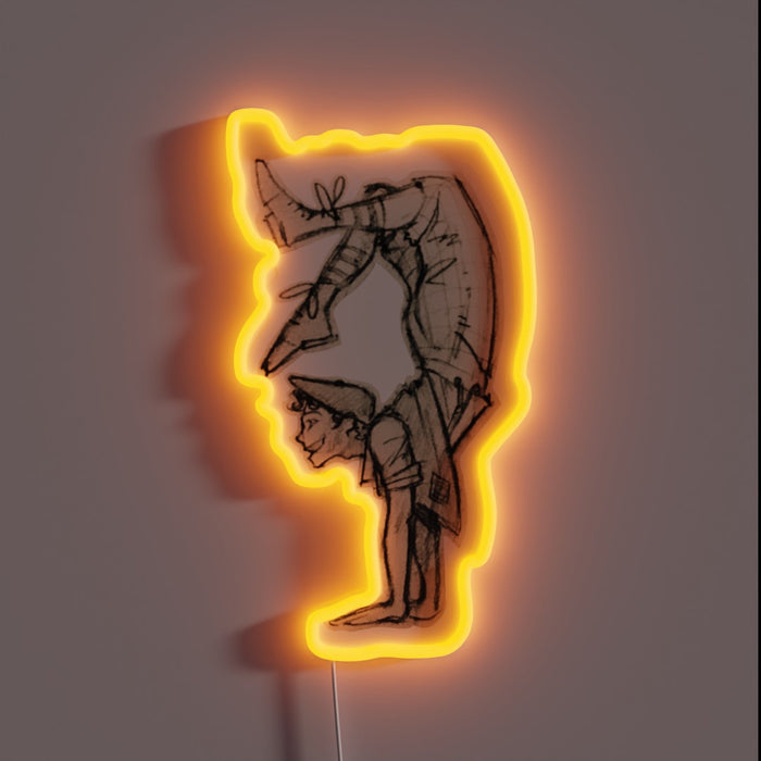 Colorful neon lightbox featuring a cartoon acrobat in bold hues.