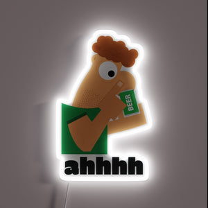 Addiction to beer meets hilarious meme in colorful neon lights.