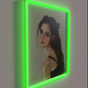 Semi-realistic woman's portrait in vibrant RGB neon illuminated wall decor