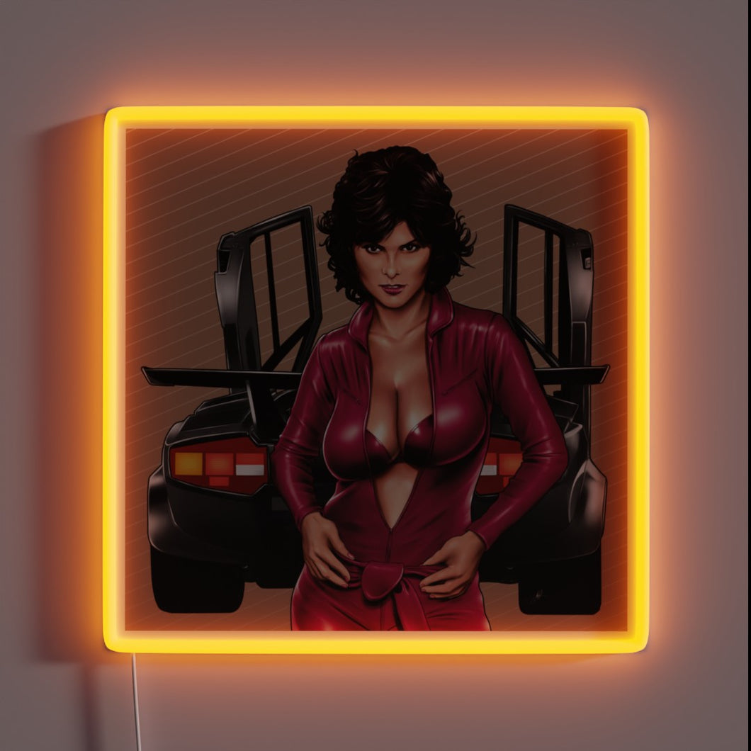Vintage style neon sign featuring actress Adrienne Barbeau in color