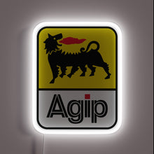 Charger l&#39;image dans la galerie, UV printed RGB LED neon sign of the vintage Agip logo featuring a six-legged black dog breathing red fire on a yellow and white background, framed by a glowing white rectangular LED border.