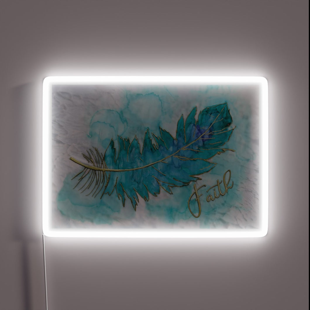 Vibrant neon symbol of faith with textured, ink-stamped feather design.