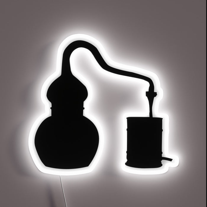 Handcrafted moonshine still illuminated in vibrant RGB neon lighting accents.