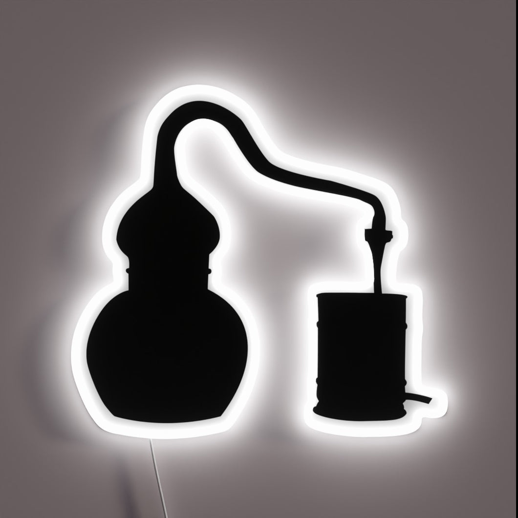 Handcrafted moonshine still illuminated in vibrant RGB neon lighting accents.