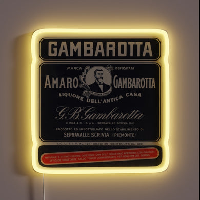 A vintage Italian amaro spirit illuminated by vibrant neon lights