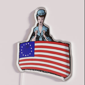Retro-Style Neon Sign Featuring Historic American Flag and Revolutionary Iconography